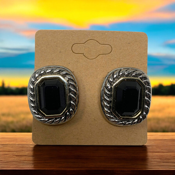 Vintage 1980's Southwestern Rope Framed Black Clip On Earrings Couture Runway - Picture 5 of 5